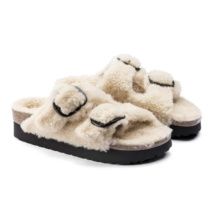 Women Birkenstock TwoStrap Arizona Big Buckle Shearling Teddy Eggshell