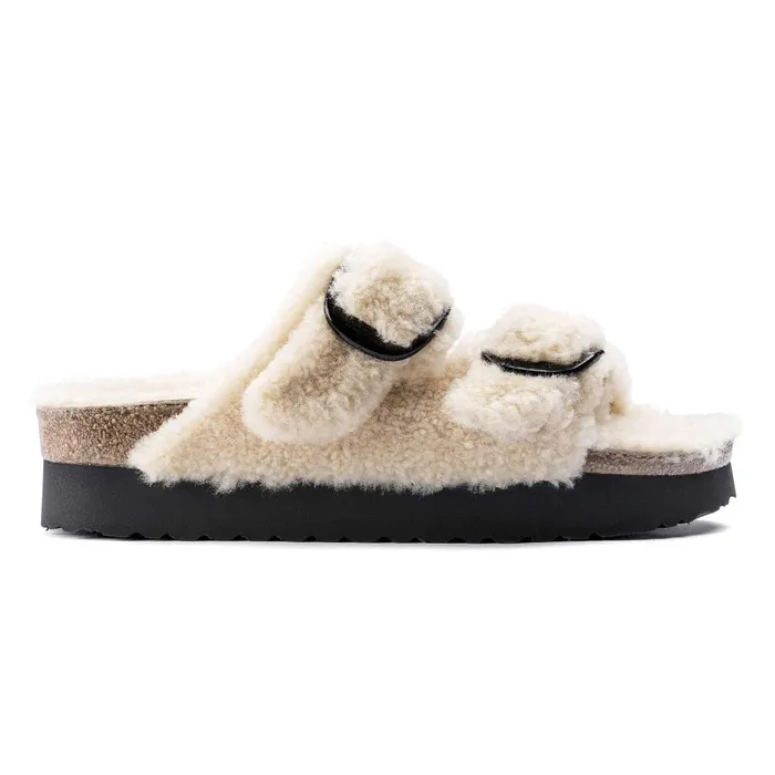Women Birkenstock TwoStrap Arizona Big Buckle Shearling Teddy Eggshell