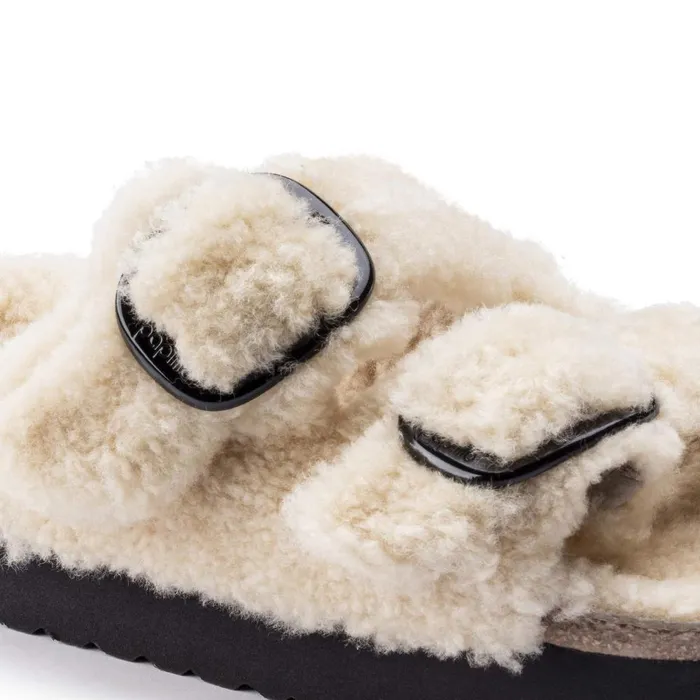 Women Birkenstock TwoStrap Arizona Big Buckle Shearling Teddy Eggshell