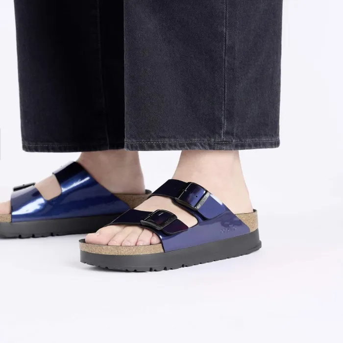 Women Birkenstock TwoStrap Arizona Flex Platform Steel Dark Blue