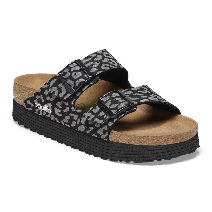 Women Birkenstock TwoStrap Arizona Platform Reflective Leopard Black