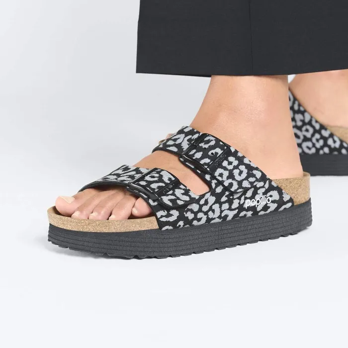 Women Birkenstock TwoStrap Arizona Platform Reflective Leopard Black