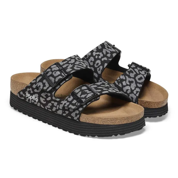Women Birkenstock TwoStrap Arizona Platform Reflective Leopard Black
