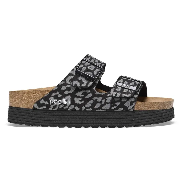 Women Birkenstock TwoStrap Arizona Platform Reflective Leopard Black