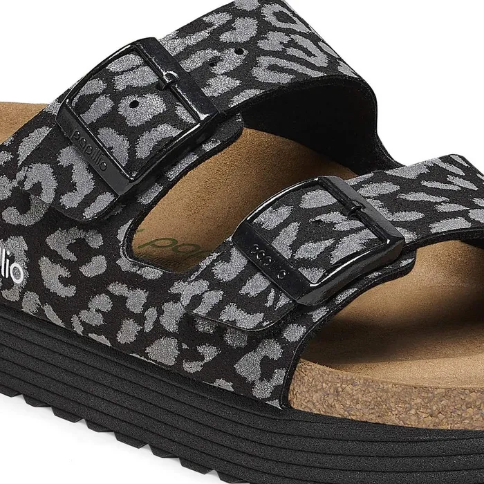 Women Birkenstock TwoStrap Arizona Platform Reflective Leopard Black