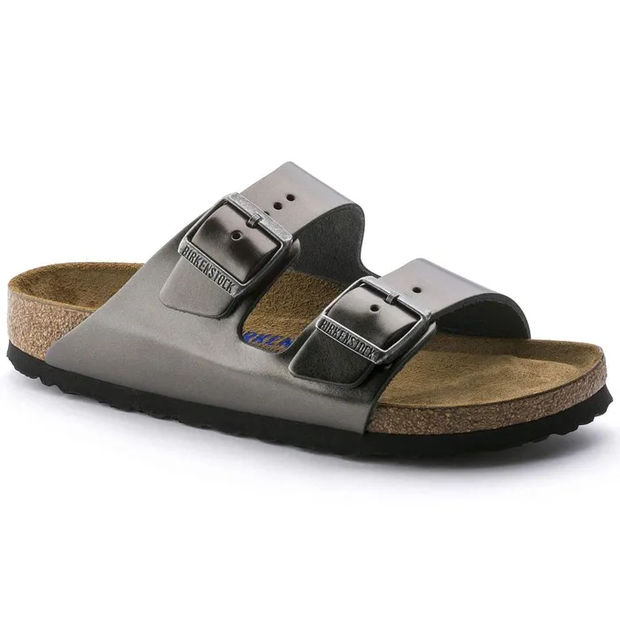 Women Birkenstock TwoStrap Arizona Soft Footbed Metallic Anthracite