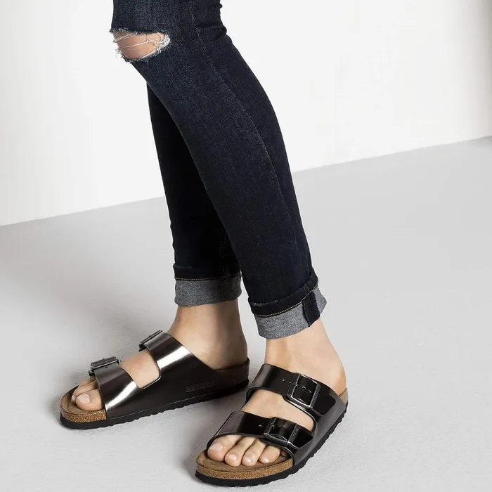 Women Birkenstock TwoStrap Arizona Soft Footbed Metallic Anthracite