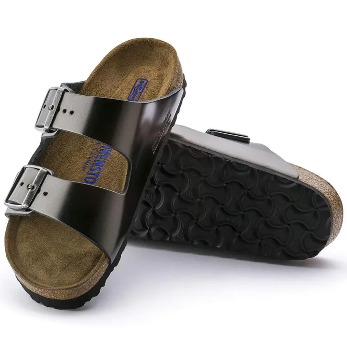 Women Birkenstock TwoStrap Arizona Soft Footbed Metallic Anthracite