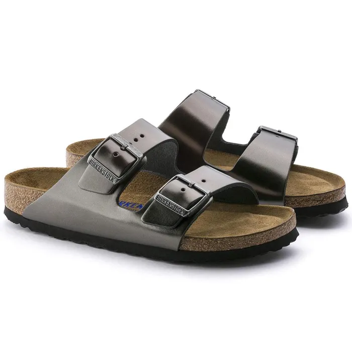 Women Birkenstock TwoStrap Arizona Soft Footbed Metallic Anthracite