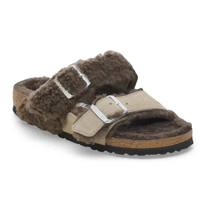 Women Birkenstock TwoStrap Arizona Teddy Split Concrete Gray Stone Coin