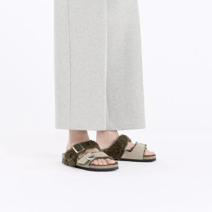 Women Birkenstock TwoStrap Arizona Teddy Split Concrete Gray Stone Coin