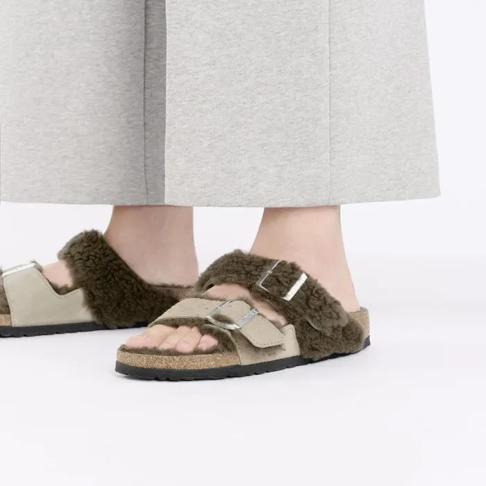 Women Birkenstock TwoStrap Arizona Teddy Split Concrete Gray Stone Coin