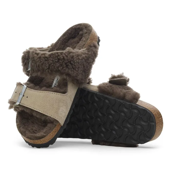 Women Birkenstock TwoStrap Arizona Teddy Split Concrete Gray Stone Coin