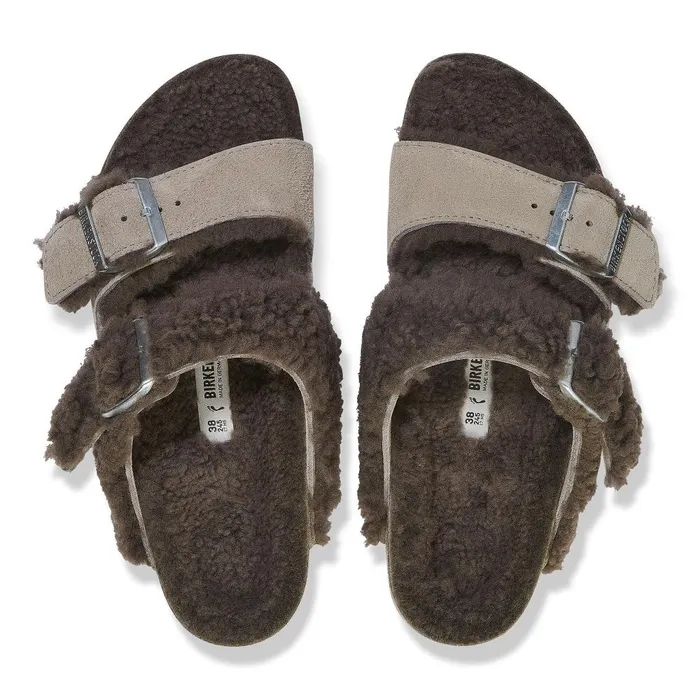Women Birkenstock TwoStrap Arizona Teddy Split Concrete Gray Stone Coin