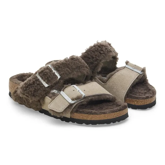 Women Birkenstock TwoStrap Arizona Teddy Split Concrete Gray Stone Coin