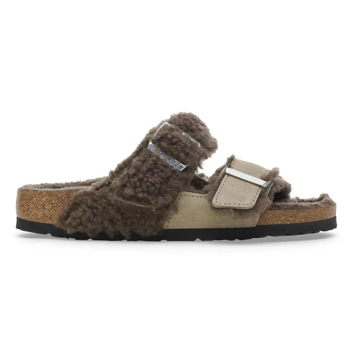 Women Birkenstock TwoStrap Arizona Teddy Split Concrete Gray Stone Coin