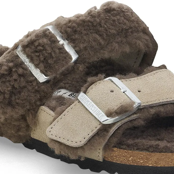 Women Birkenstock TwoStrap Arizona Teddy Split Concrete Gray Stone Coin