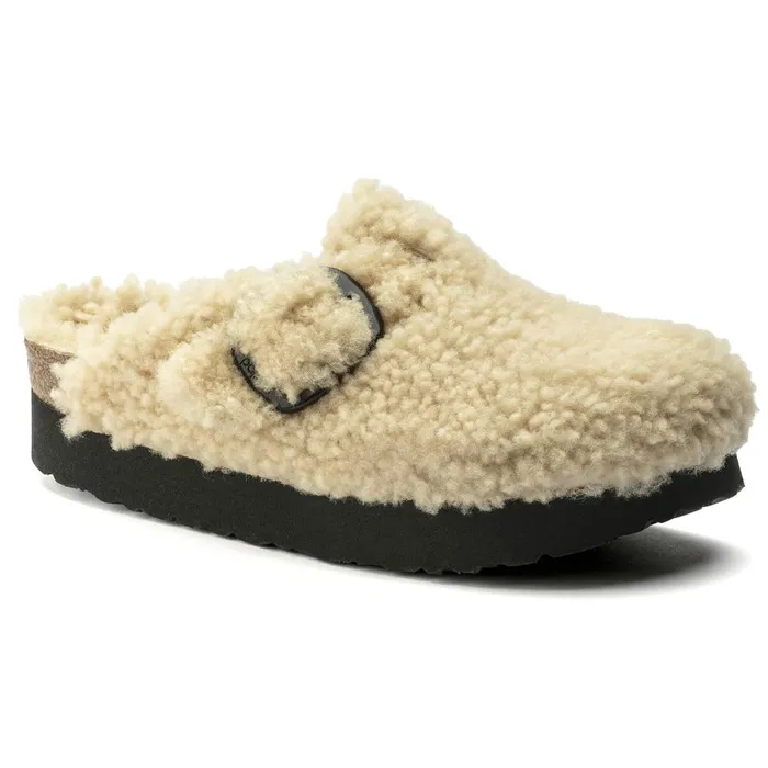 Women Birkenstock Wedges and Platforms Boston Big Buckle Platform Teddy Eggshell