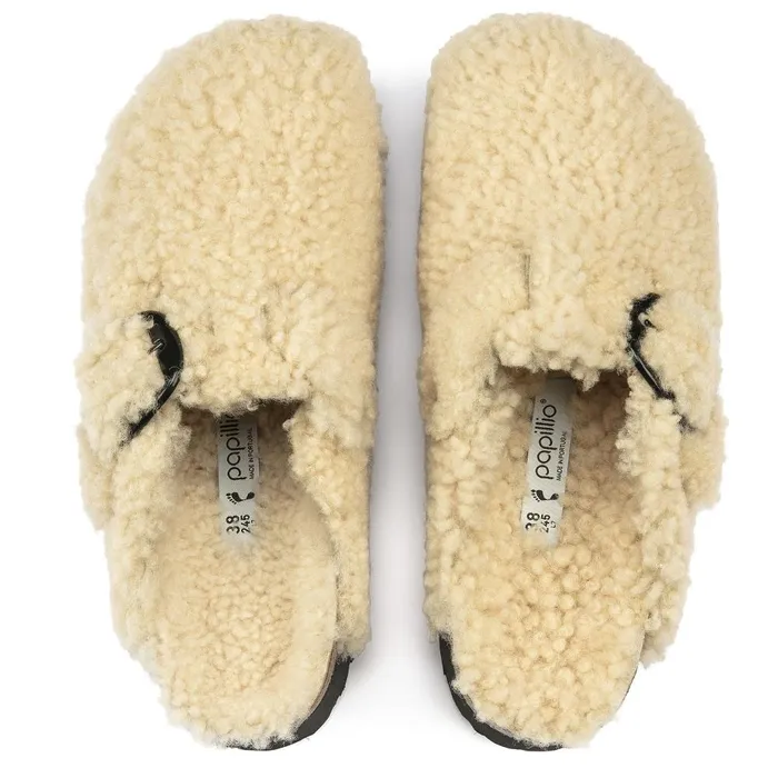Women Birkenstock Wedges and Platforms Boston Big Buckle Platform Teddy Eggshell