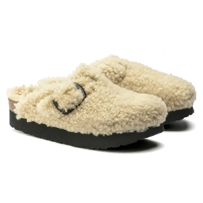 Women Birkenstock Wedges and Platforms Boston Big Buckle Platform Teddy Eggshell