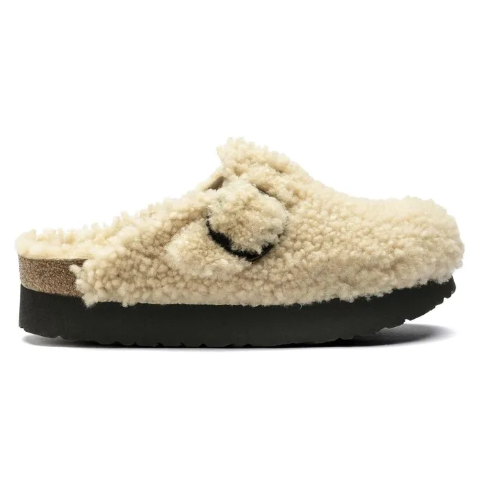 Women Birkenstock Wedges and Platforms Boston Big Buckle Platform Teddy Eggshell