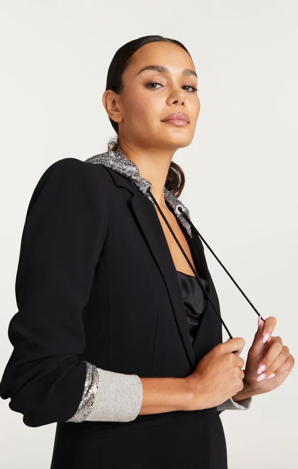 Women Blazers Cinq Sept Sequin Hooded Khloe Blazer Blacksilver