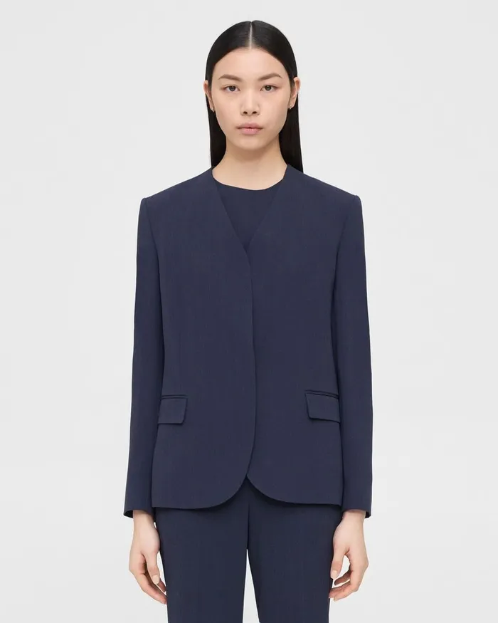 Women Blazers Jackets Theory Collarless Blazer In Striped Admiral Crepe Nocturne Navy