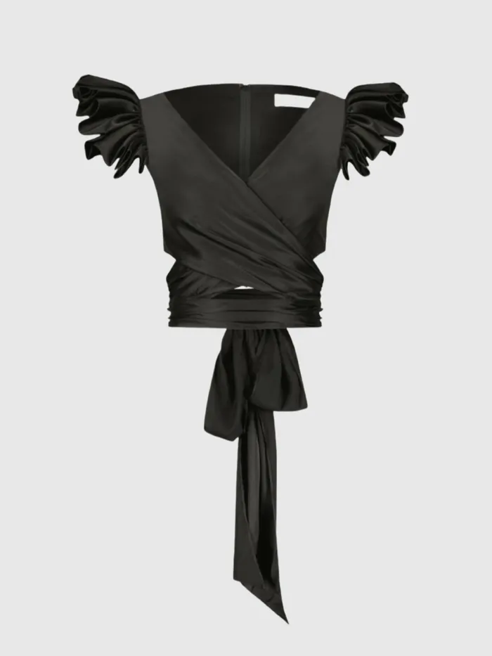 Women Blouses and Tops Mac Duggal Ruffle Cap Sleeve Wrap Top Black