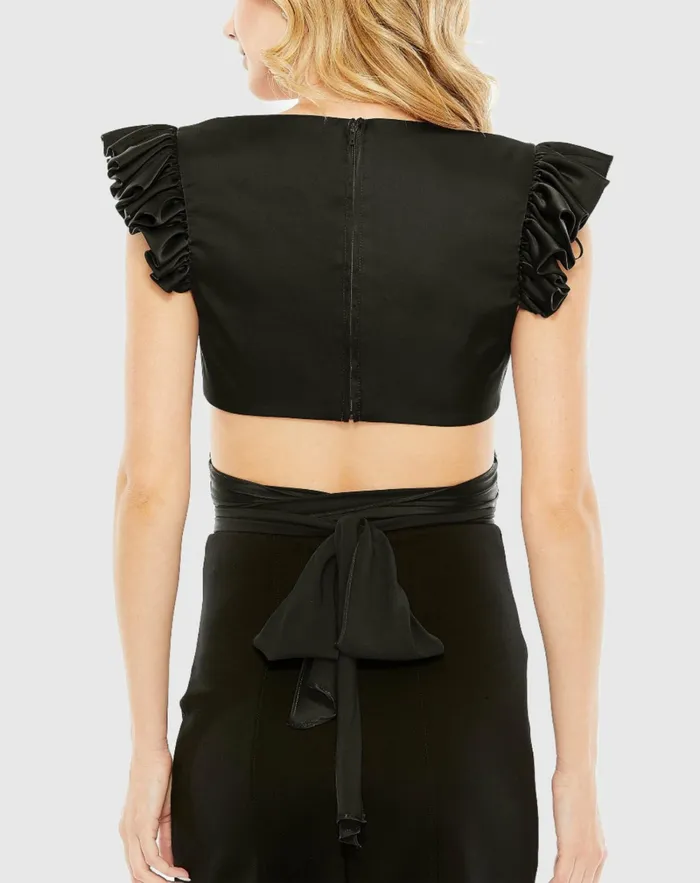 Women Blouses and Tops Mac Duggal Ruffle Cap Sleeve Wrap Top Black