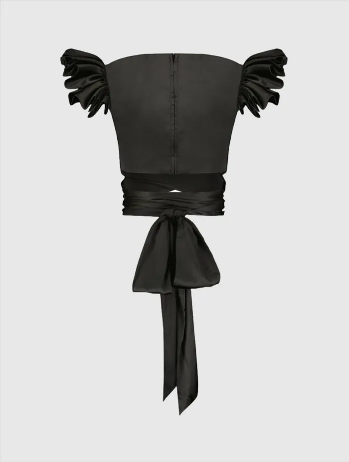 Women Blouses and Tops Mac Duggal Ruffle Cap Sleeve Wrap Top Black