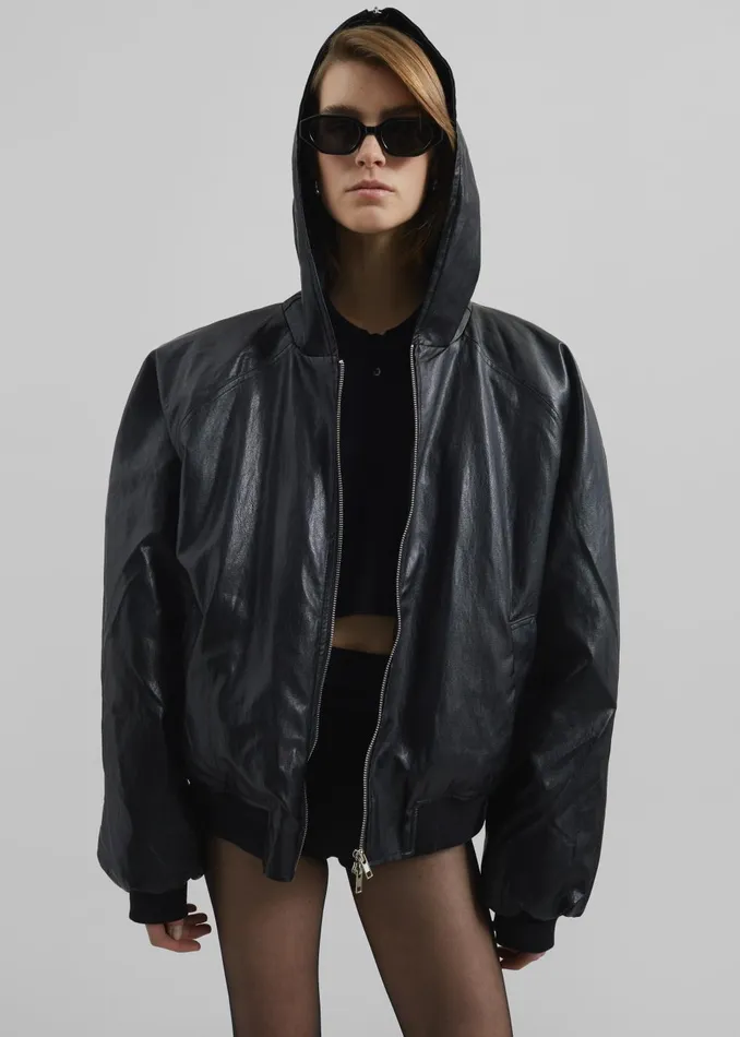 Women Burnaby Faux Leather ZipUp Hoodie 8211 Black The Frankie Shop Outerwear