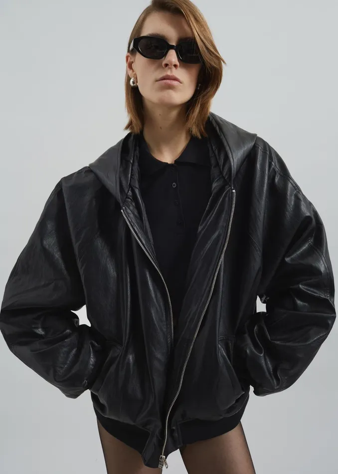 Women Burnaby Faux Leather ZipUp Hoodie 8211 Black The Frankie Shop Outerwear