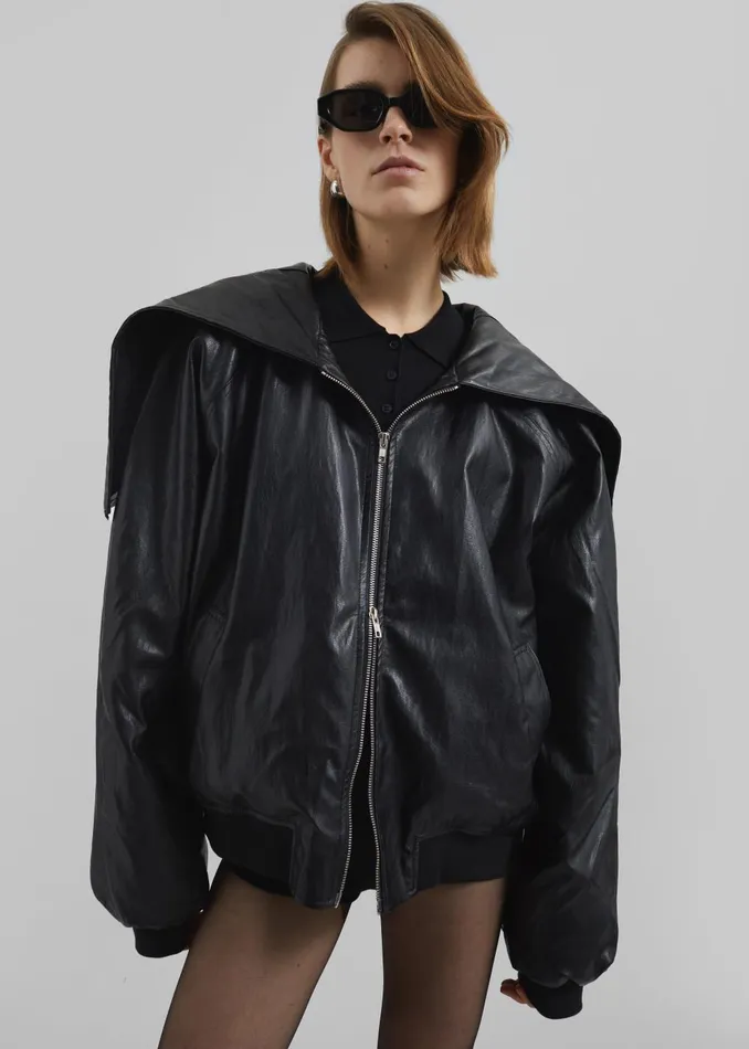 Women Burnaby Faux Leather ZipUp Hoodie 8211 Black The Frankie Shop Outerwear
