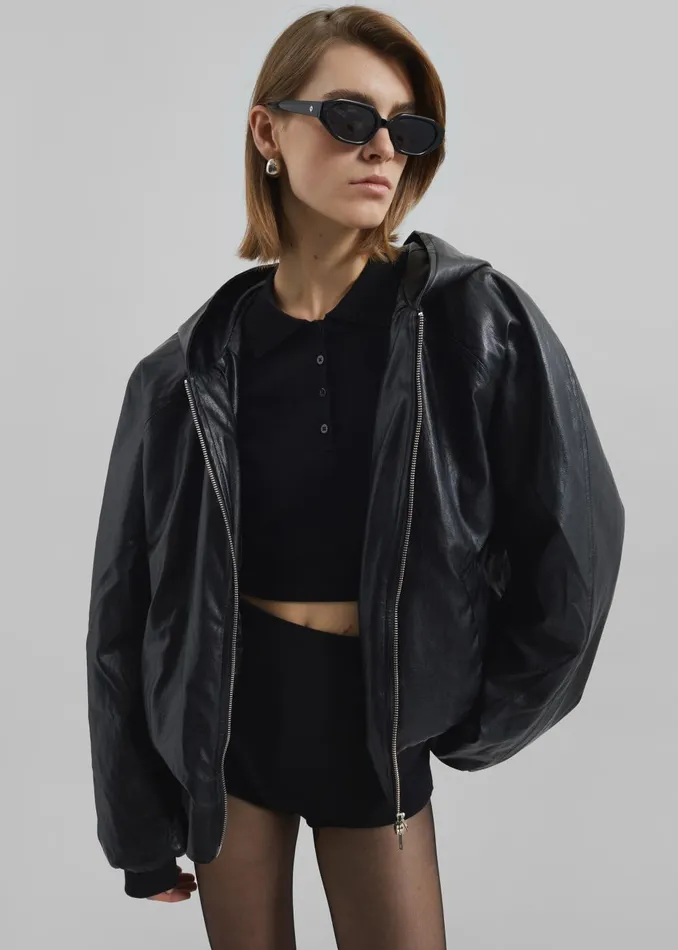 Women Burnaby Faux Leather ZipUp Hoodie 8211 Black The Frankie Shop Outerwear