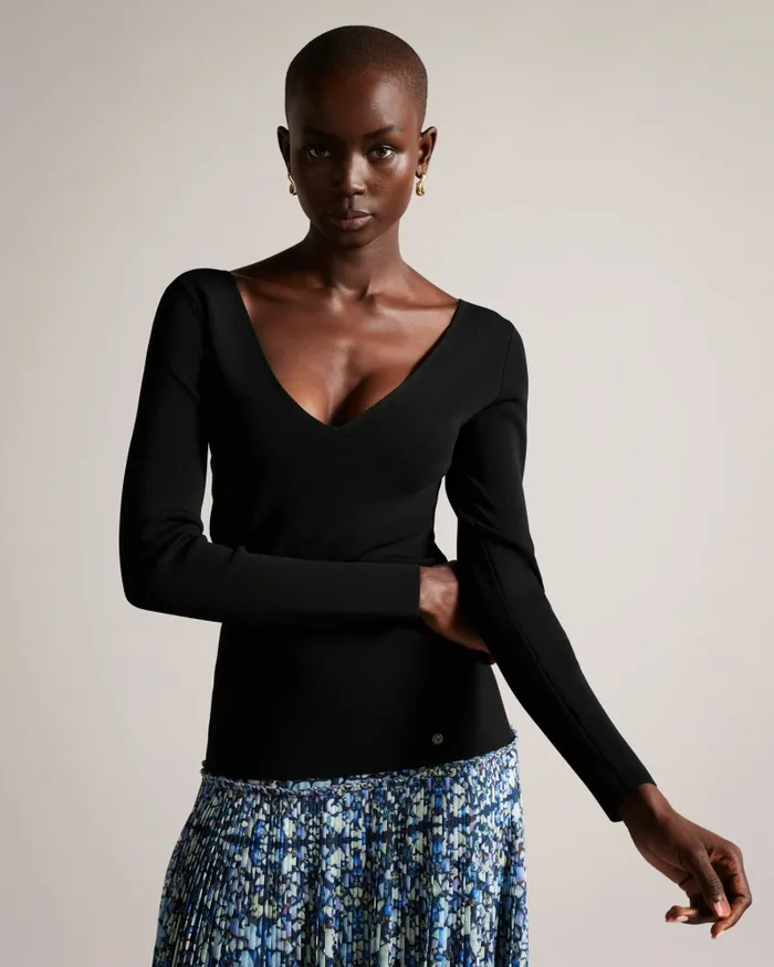 Women CILESTE 8211 V Neck Slim Fit Knit Top Black Ted Baker Tops and Blouses