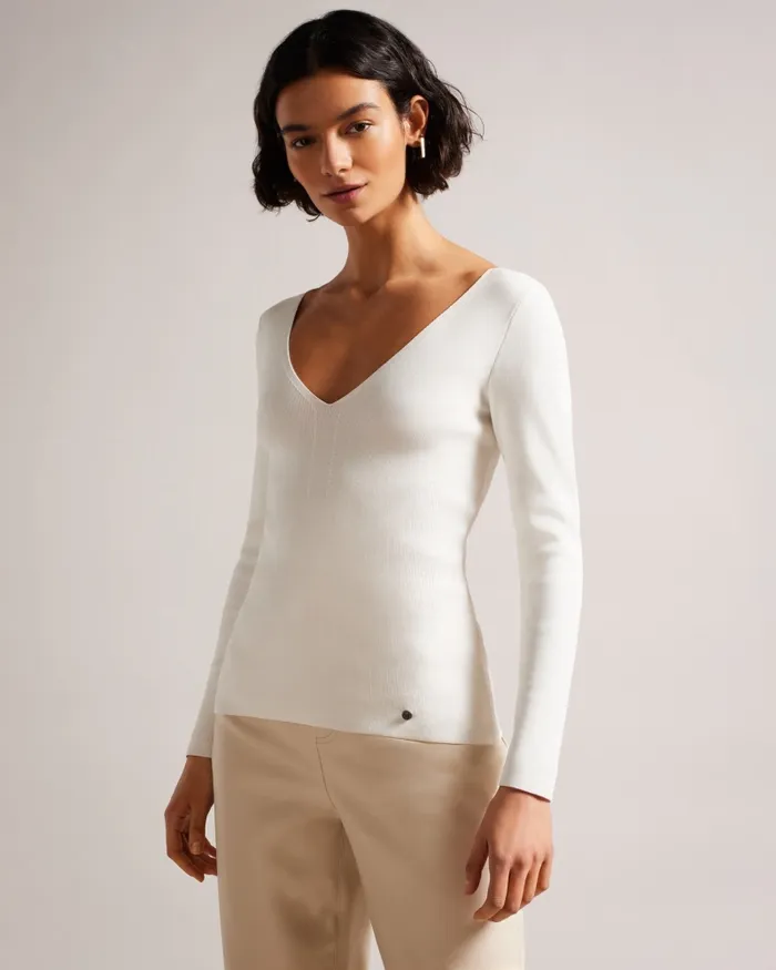 Women CILESTE 8211 V Neck Slim Fit Knit Top Ivory Ted Baker Tops and Blouses
