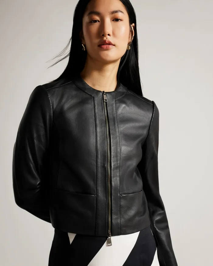 Women CLARYA 8211 Fitted Panelled Leather Jacket Black Ted Baker Coats and Jackets