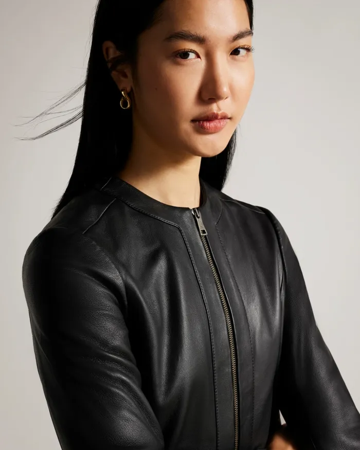 Women CLARYA 8211 Fitted Panelled Leather Jacket Black Ted Baker Coats and Jackets