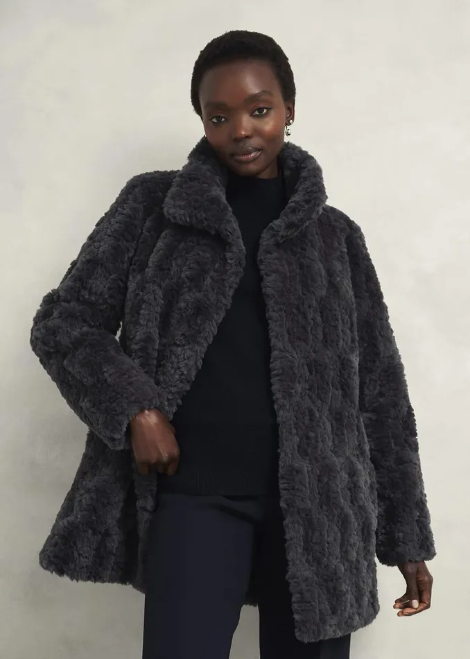 Women Coats and Jackets Hobbs Briony Faux Fur Coat Dark Charcoal