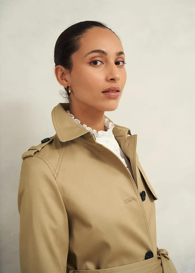 Women Coats and Jackets Hobbs Petite Hallie Shower Resistant Trench Coat Fawn Beige
