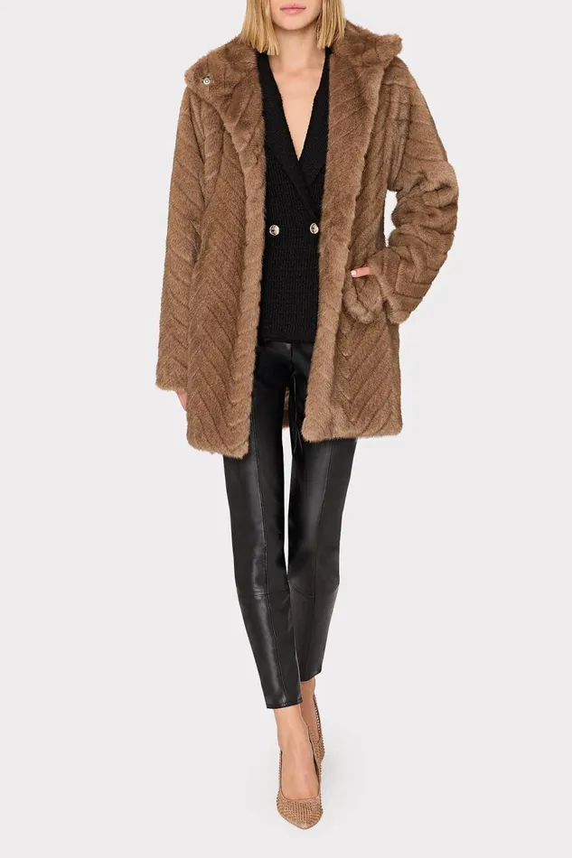 Women Coats and Jackets Milly Amia Chevron Faux Fur Coat Brown