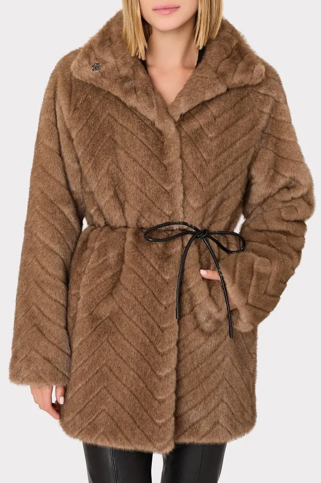 Women Coats and Jackets Milly Amia Chevron Faux Fur Coat Brown