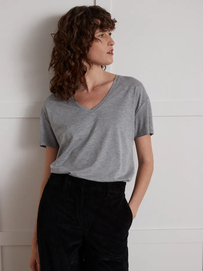 Women Cyrillus Clothing Cotton And Lyocell TShirt With VNeckline Gris Chine