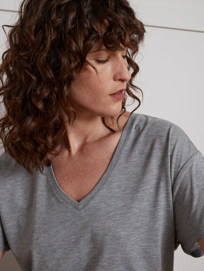 Women Cyrillus Clothing Cotton And Lyocell TShirt With VNeckline Gris Chine