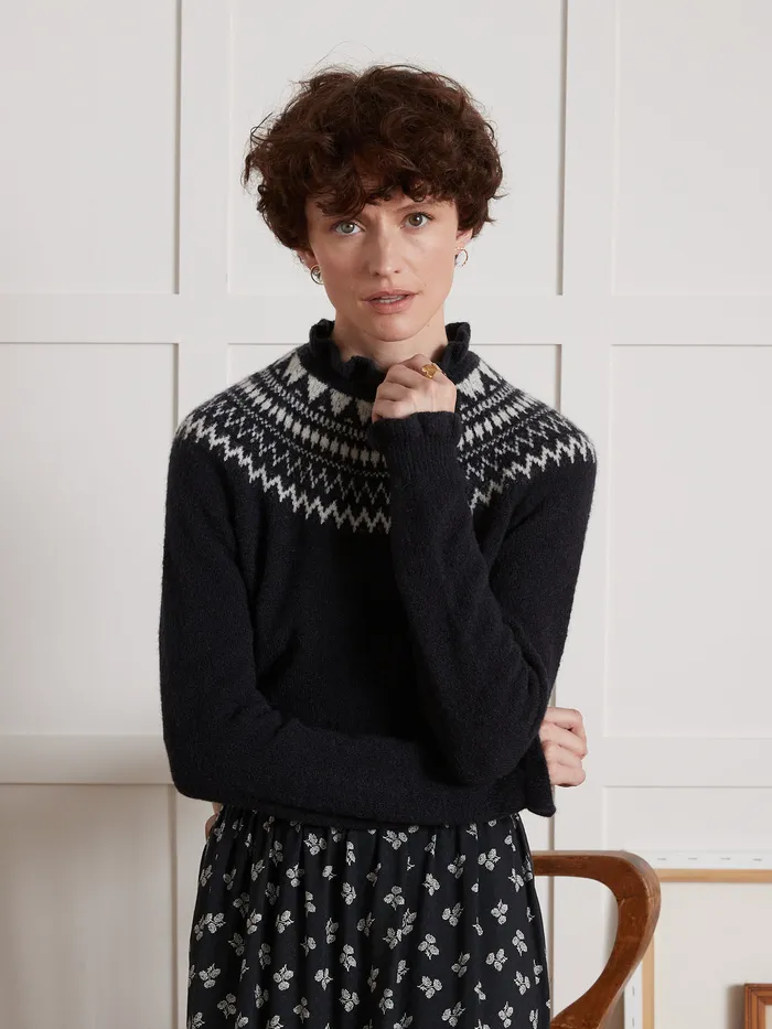 Women Cyrillus Clothing Jacquard Sweater With Ruffled Neckline Navy Noir