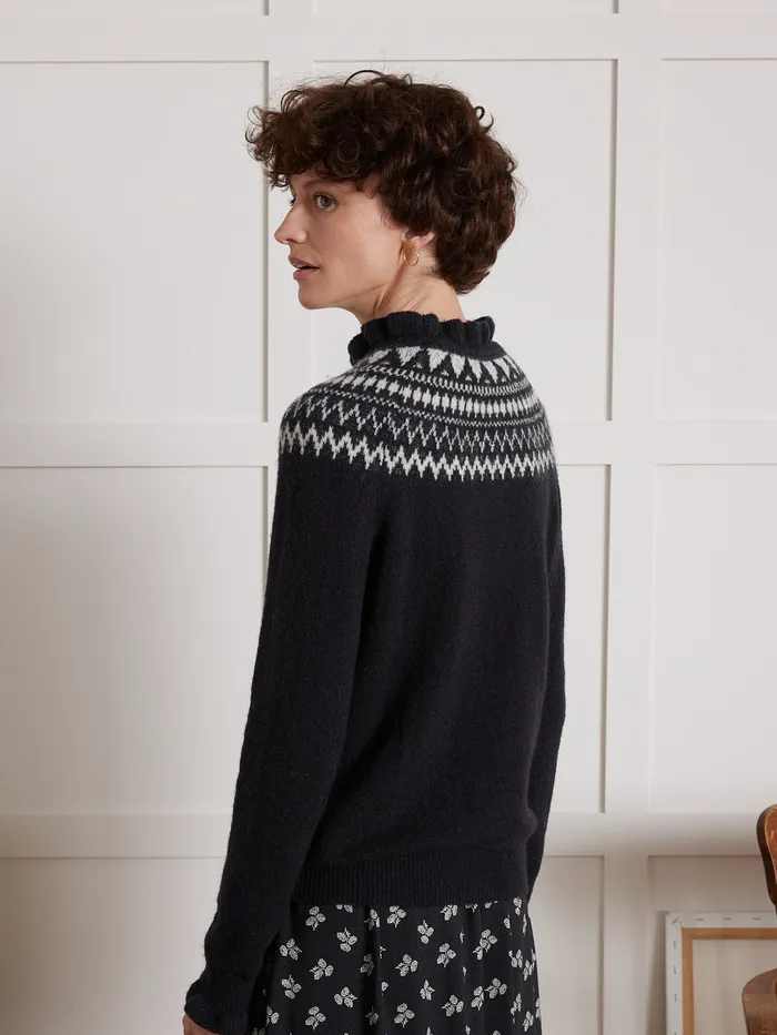 Women Cyrillus Clothing Jacquard Sweater With Ruffled Neckline Navy Noir