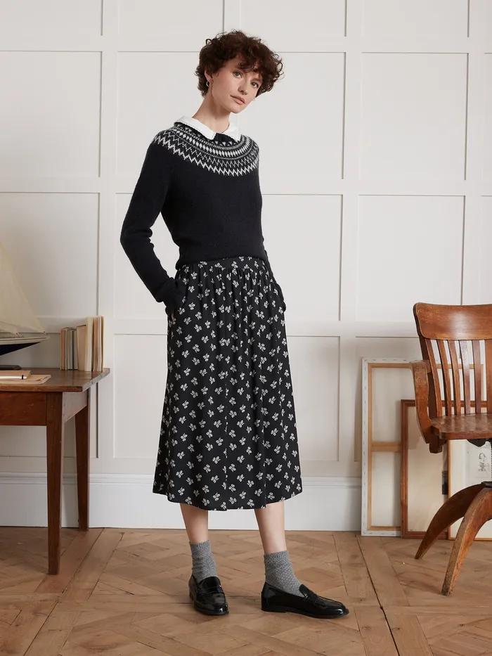 Women Cyrillus Clothing Jacquard Sweater With Ruffled Neckline Navy Noir
