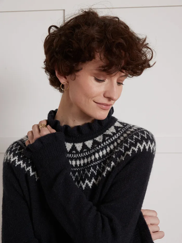 Women Cyrillus Clothing Jacquard Sweater With Ruffled Neckline Navy Noir