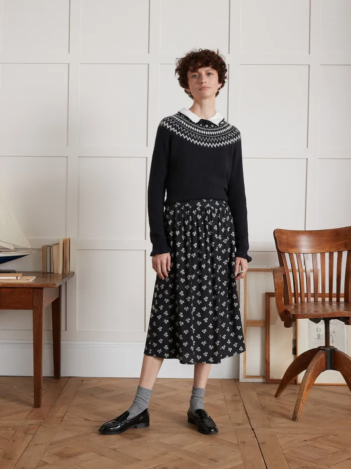Women Cyrillus Clothing Jacquard Sweater With Ruffled Neckline Navy Noir