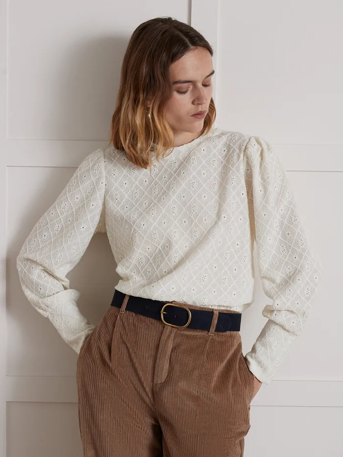 Women Cyrillus Clothing Jacquard THirt With Puffy Sleeves Ecru